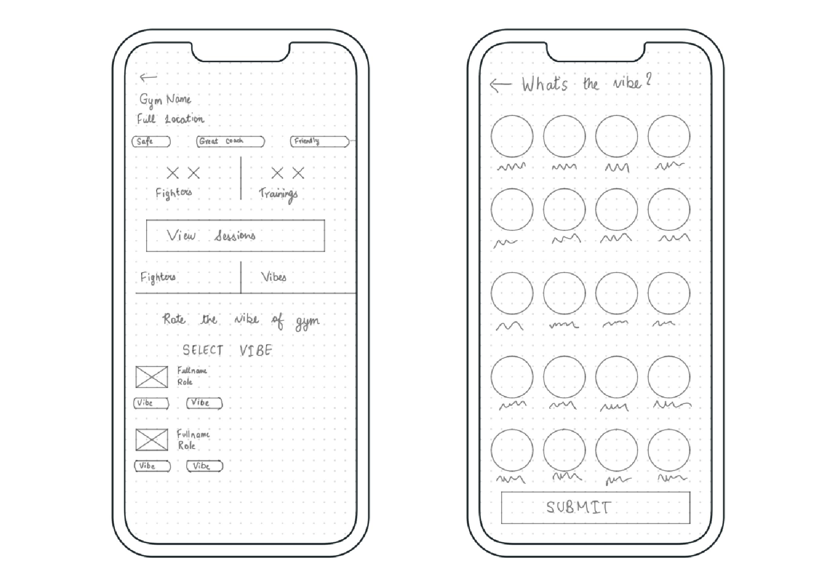 Two wireframes of a mobile app screen for health club Vibes