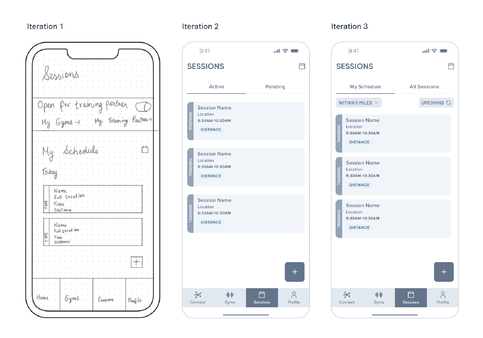 Three wireframes of screen of sportslink a mobile app, each for different iteration